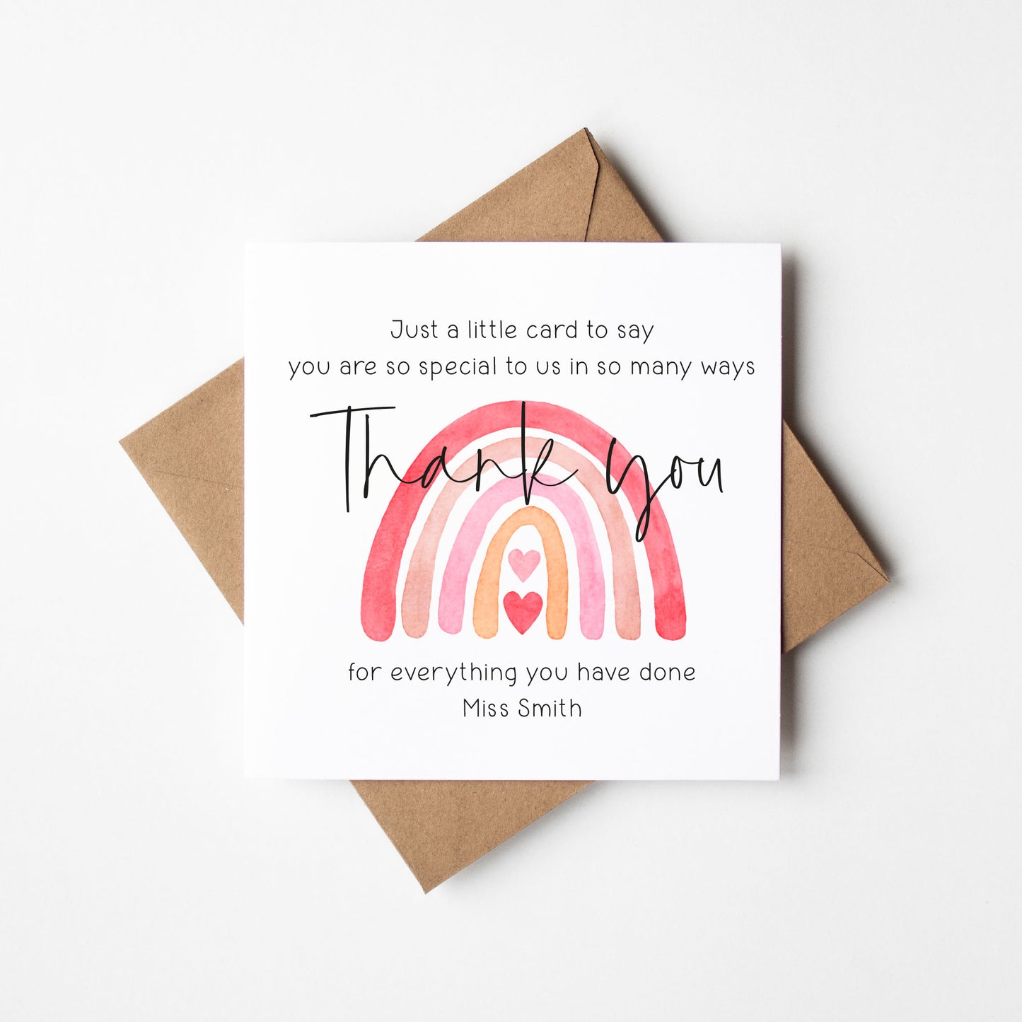Personalised Watercolour Rainbow Thank You Teacher Nursery Card