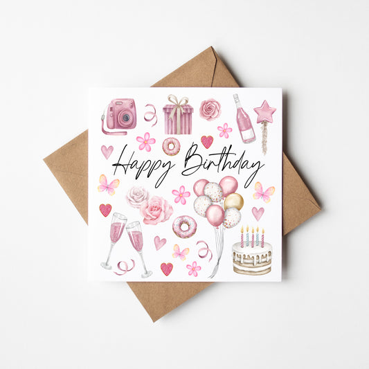 Birthday card, Happy Birthday pink Roses butterflies cake floral birthday themed friends birthday card flower birthday card with envelope