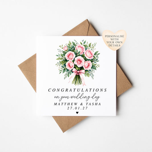 Wedding Card, congratulations bouquet pink Roses with Kraft Envelope