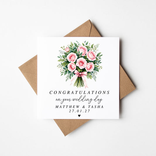 Wedding Card, congratulations bouquet pink Roses with Kraft Envelope