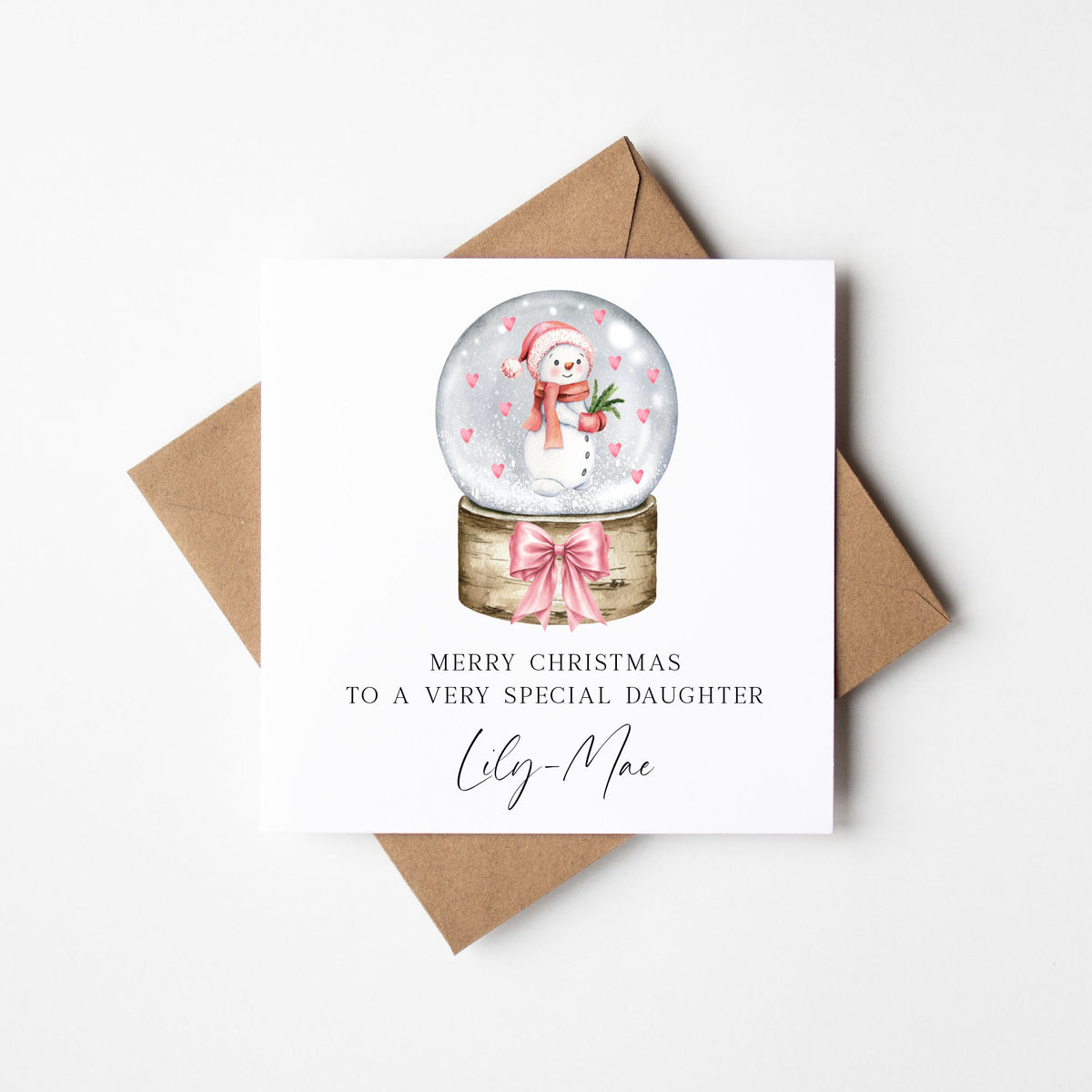 Kids Christmas Card personalised pink bow snow globe & snowman with envelope