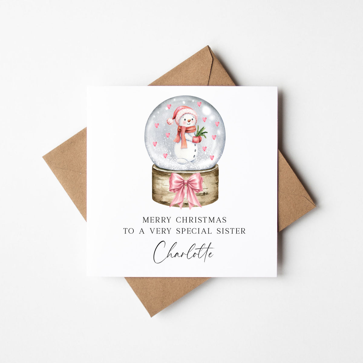 Kids Christmas Card personalised pink bow snow globe & snowman with envelope