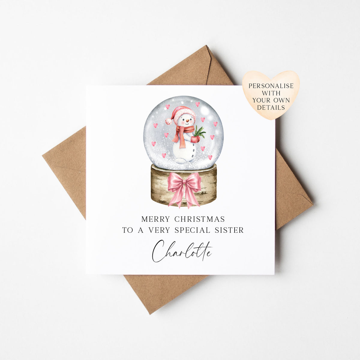 Kids Christmas Card personalised pink bow snow globe & snowman with envelope