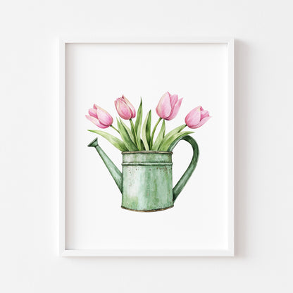 Spring print, green & pink tulips watercolour spring seasonal home bedroom unframed wall art poster print,spring accessories, spring art