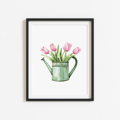 Spring print, green & pink tulips watercolour spring seasonal home bedroom unframed wall art poster print,spring accessories, spring art