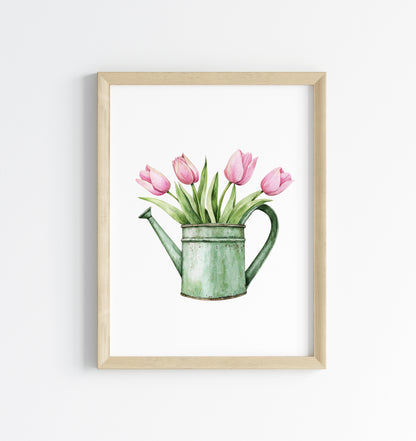 Spring print, green & pink tulips watercolour spring seasonal home bedroom unframed wall art poster print,spring accessories, spring art