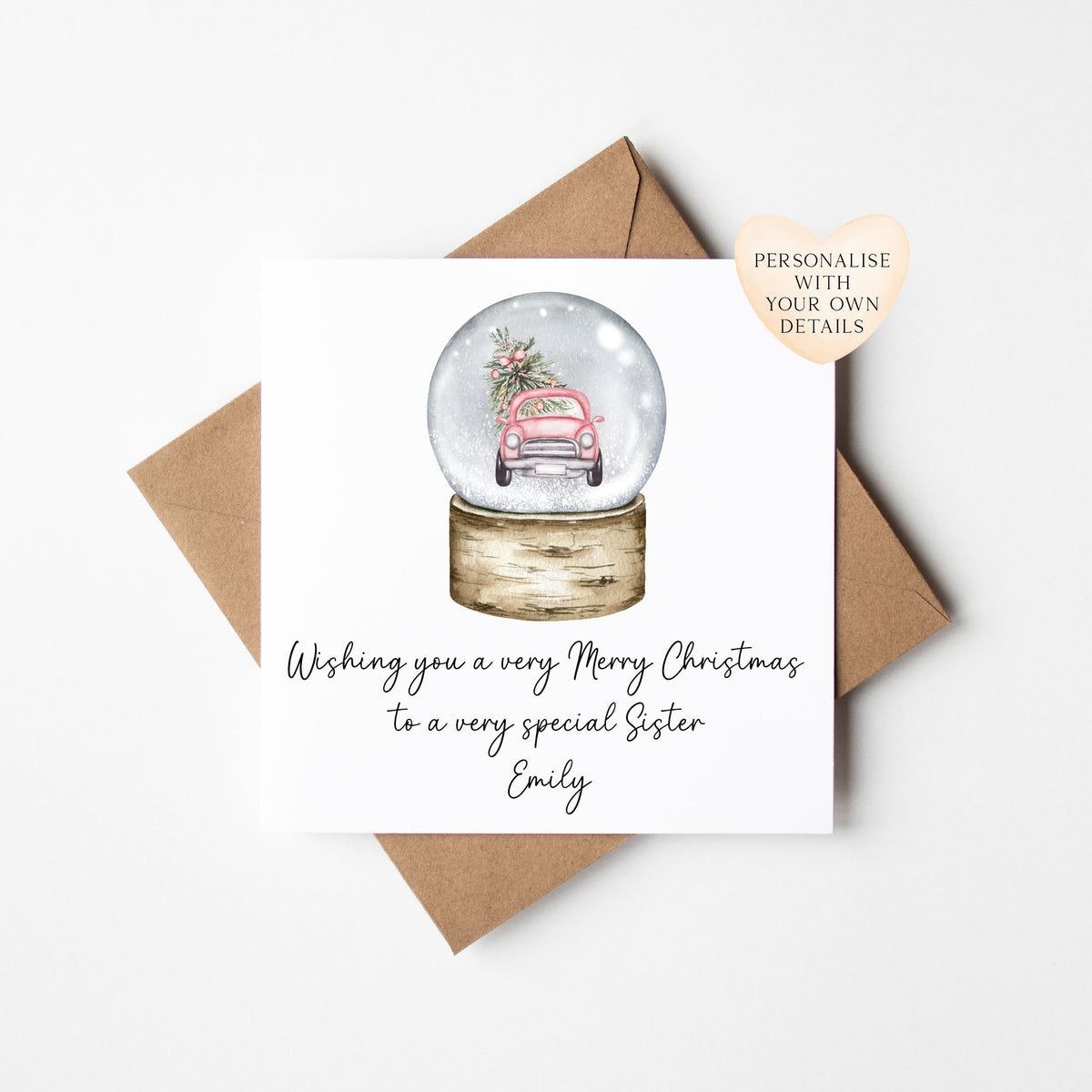 Christmas Card personalised Pink Car Snow globe festive seasonal card with envelope