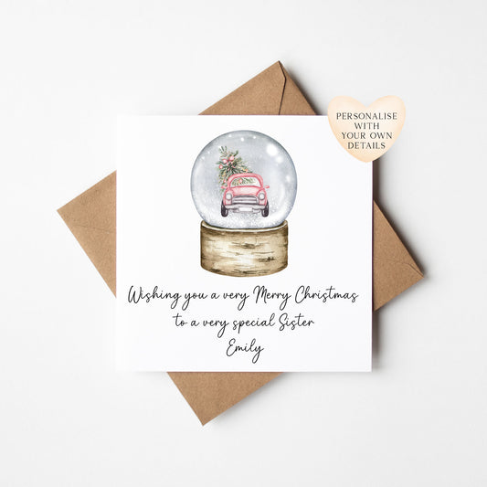 Christmas Card personalised Pink Car Snow globe festive seasonal card with envelope