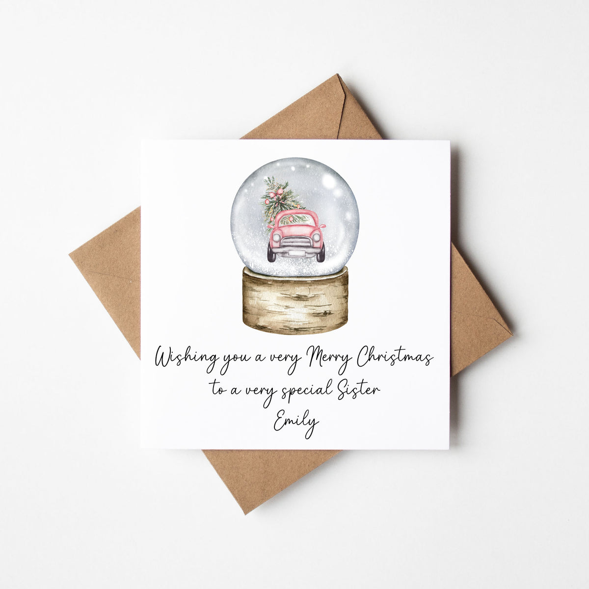 Christmas Card personalised Pink Car Snow globe festive seasonal card with envelope