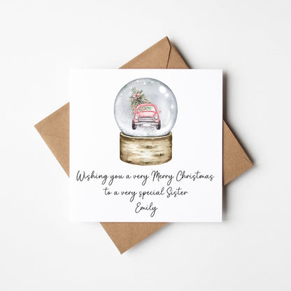 Christmas Card personalised Pink Car Snow globe festive seasonal card with envelope