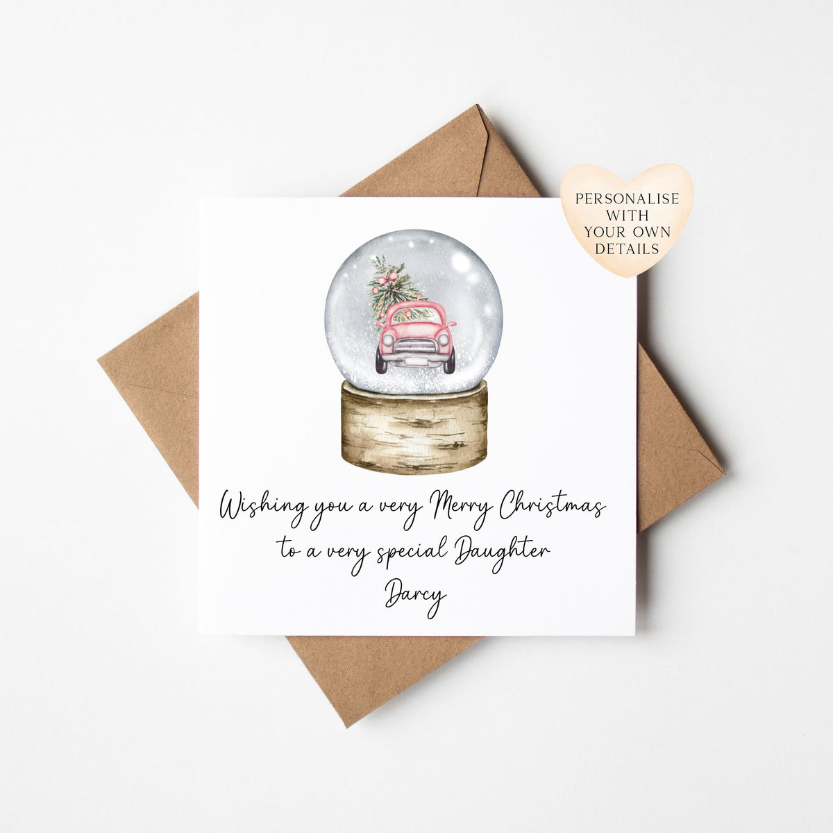 Christmas Card personalised Pink Car Snow globe festive seasonal card with envelope