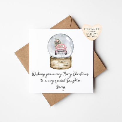 Christmas Card personalised Pink Car Snow globe festive seasonal card with envelope