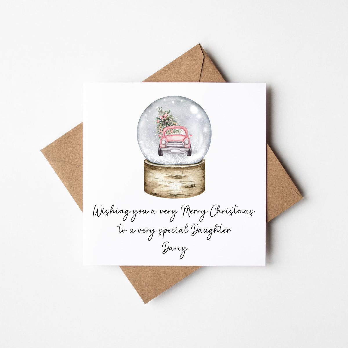 Christmas Card personalised Pink Car Snow globe festive seasonal card with envelope