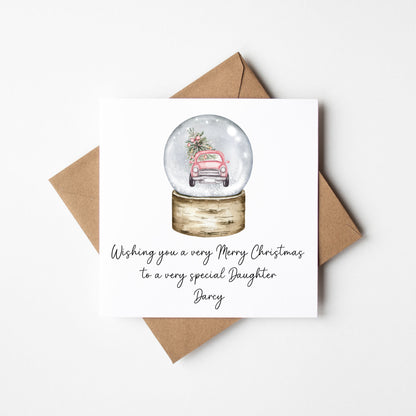 Christmas Card personalised Pink Car Snow globe festive seasonal card with envelope