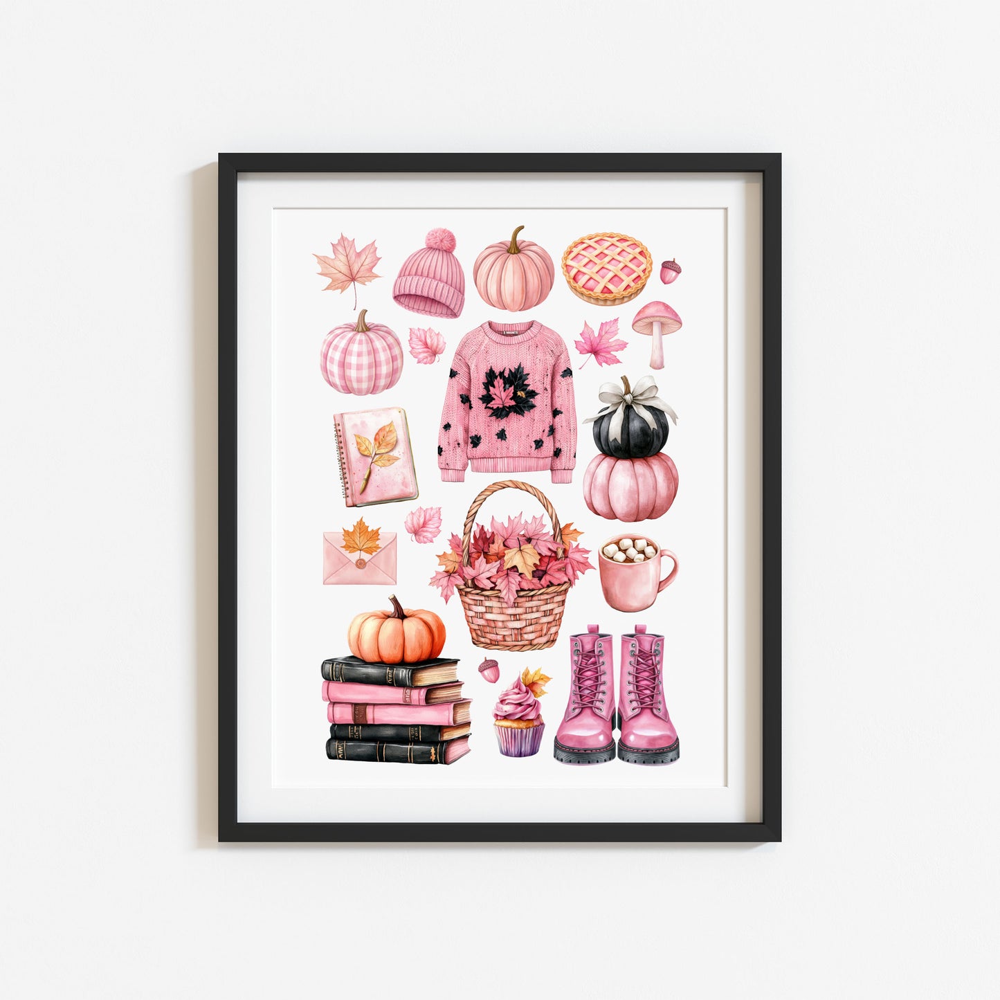 Autumn Favourites Pink seasonal Watercolour Print Seasonal Wall Art (unframed)