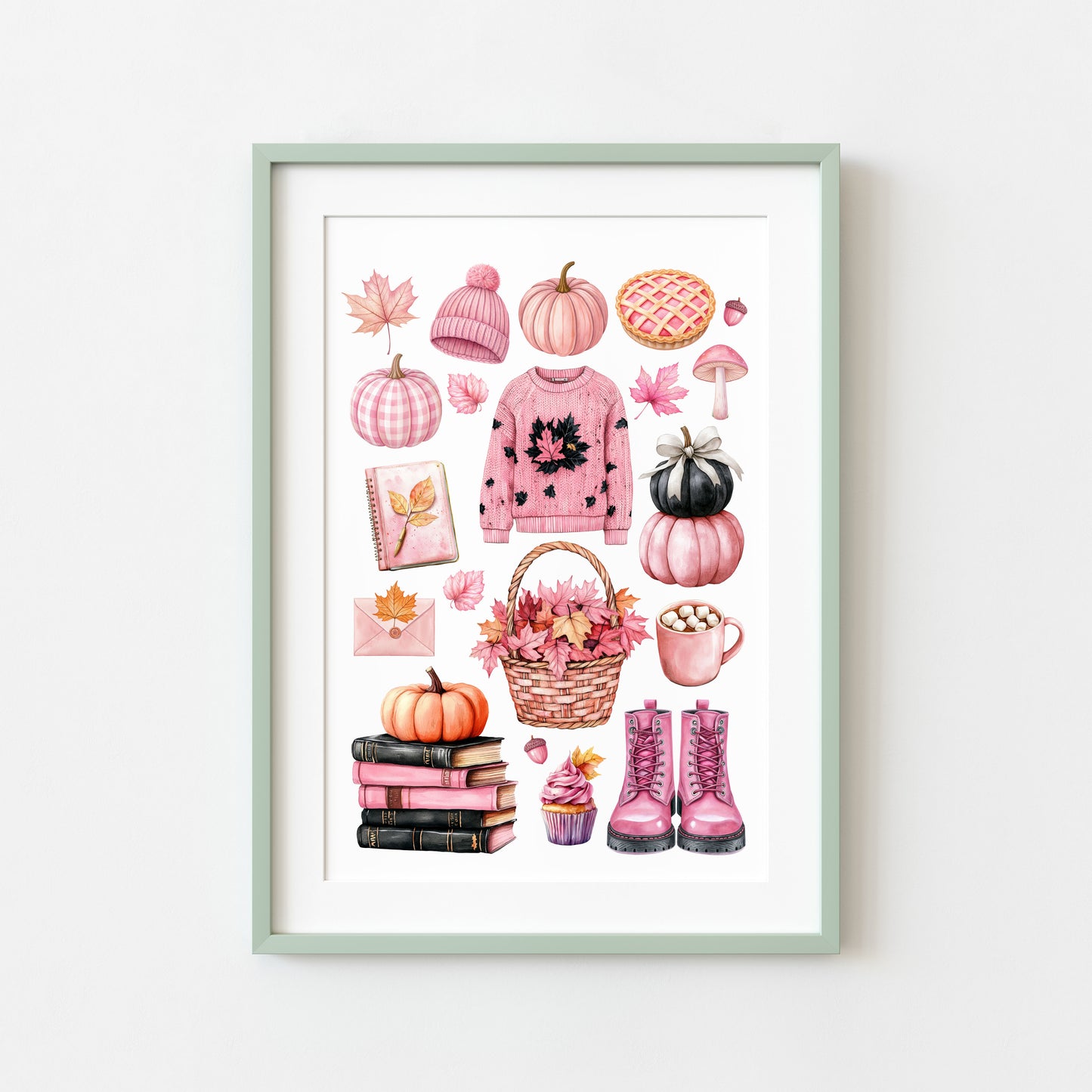 Autumn Favourites Pink seasonal Watercolour Print Seasonal Wall Art (unframed)