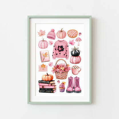 Autumn Favourites Pink seasonal Watercolour Print Seasonal Wall Art (unframed)