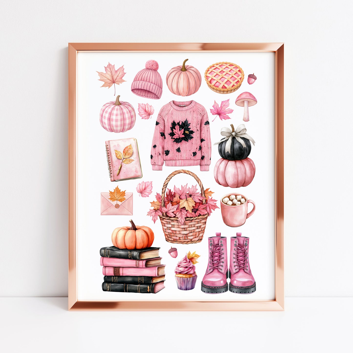 Autumn Favourites Pink seasonal Watercolour Print Seasonal Wall Art (unframed)
