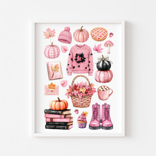 Autumn Favourites Pink seasonal Watercolour Print Seasonal Wall Art (unframed)
