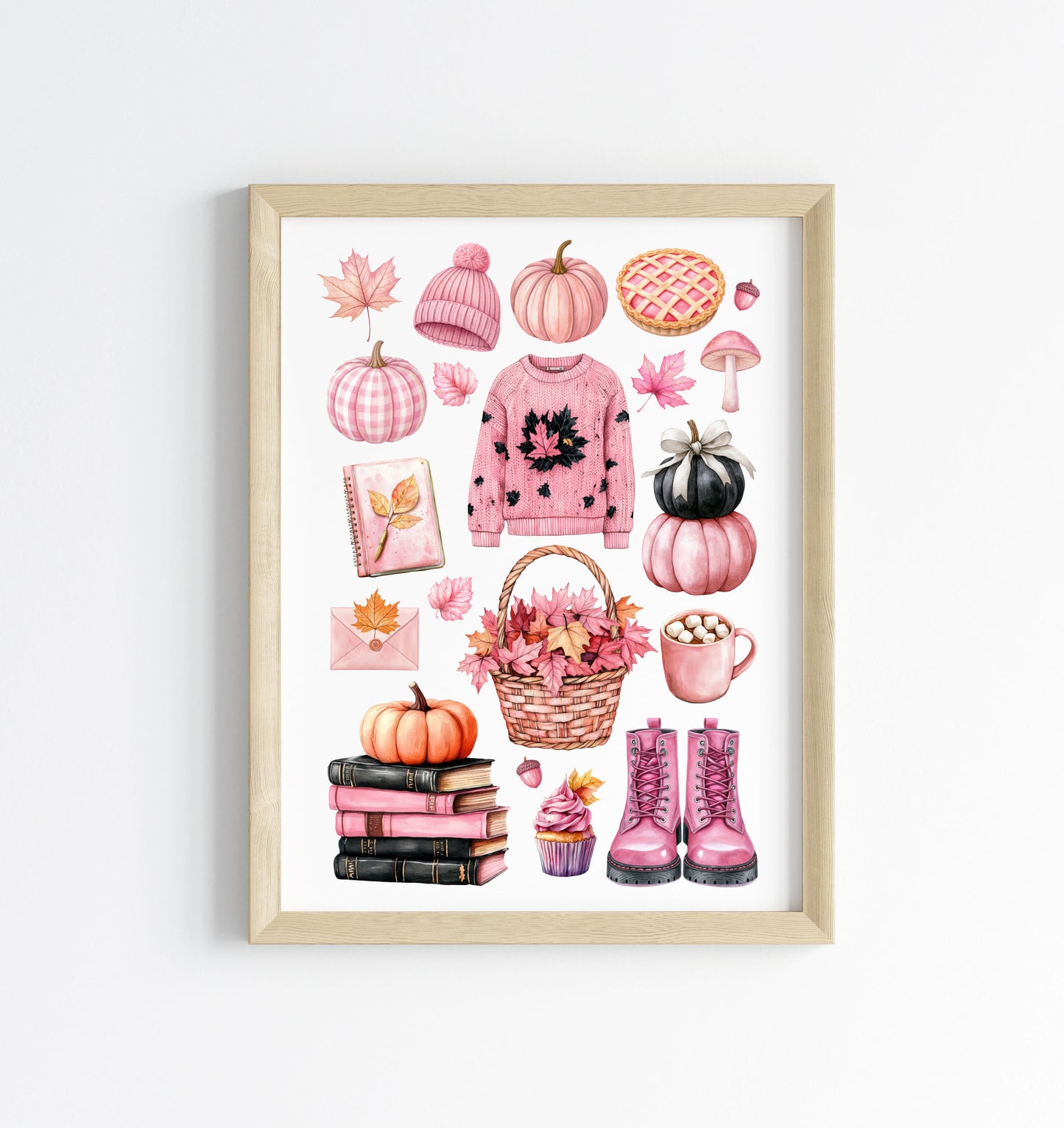 Autumn Favourites Pink seasonal Watercolour Print Seasonal Wall Art (unframed)