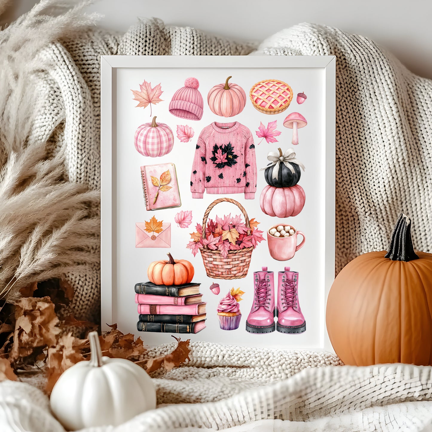 Autumn Favourites Pink seasonal Watercolour Print Seasonal Wall Art (unframed)