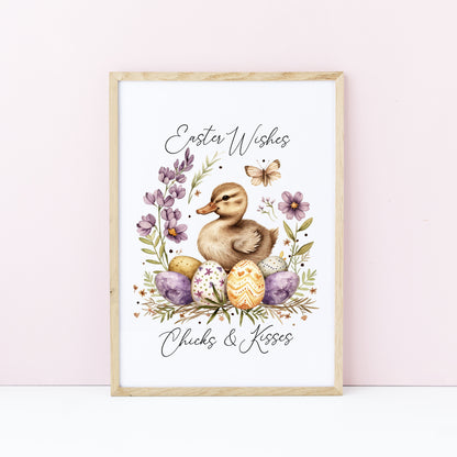 Easter Chicks Floral Art Print, Spring Seasonal Illustration (unframed)