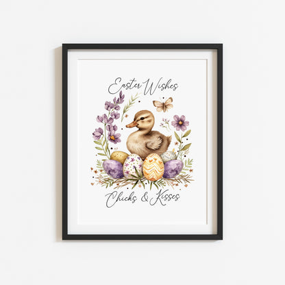 Easter Chicks Floral Art Print, Spring Seasonal Illustration (unframed)