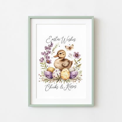 Easter Chicks Floral Art Print, Spring Seasonal Illustration (unframed)