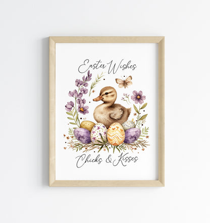 Easter Chicks Floral Art Print, Spring Seasonal Illustration (unframed)