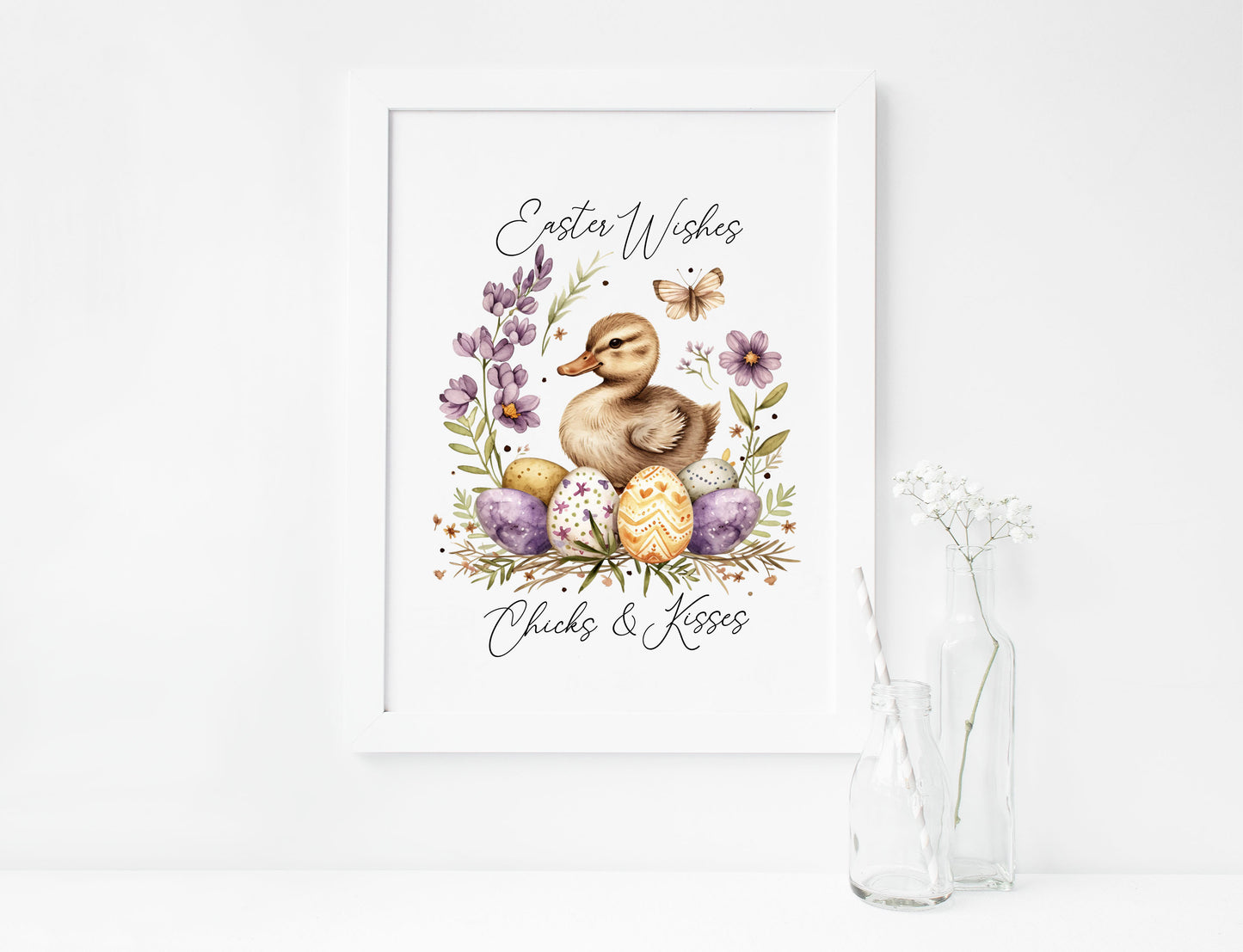 Easter Chicks Floral Art Print, Spring Seasonal Illustration (unframed)