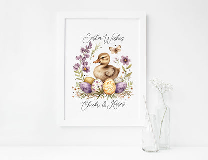 Easter Chicks Floral Art Print, Spring Seasonal Illustration (unframed)