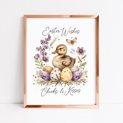 Easter Chicks Floral Art Print, Spring Seasonal Illustration (unframed)