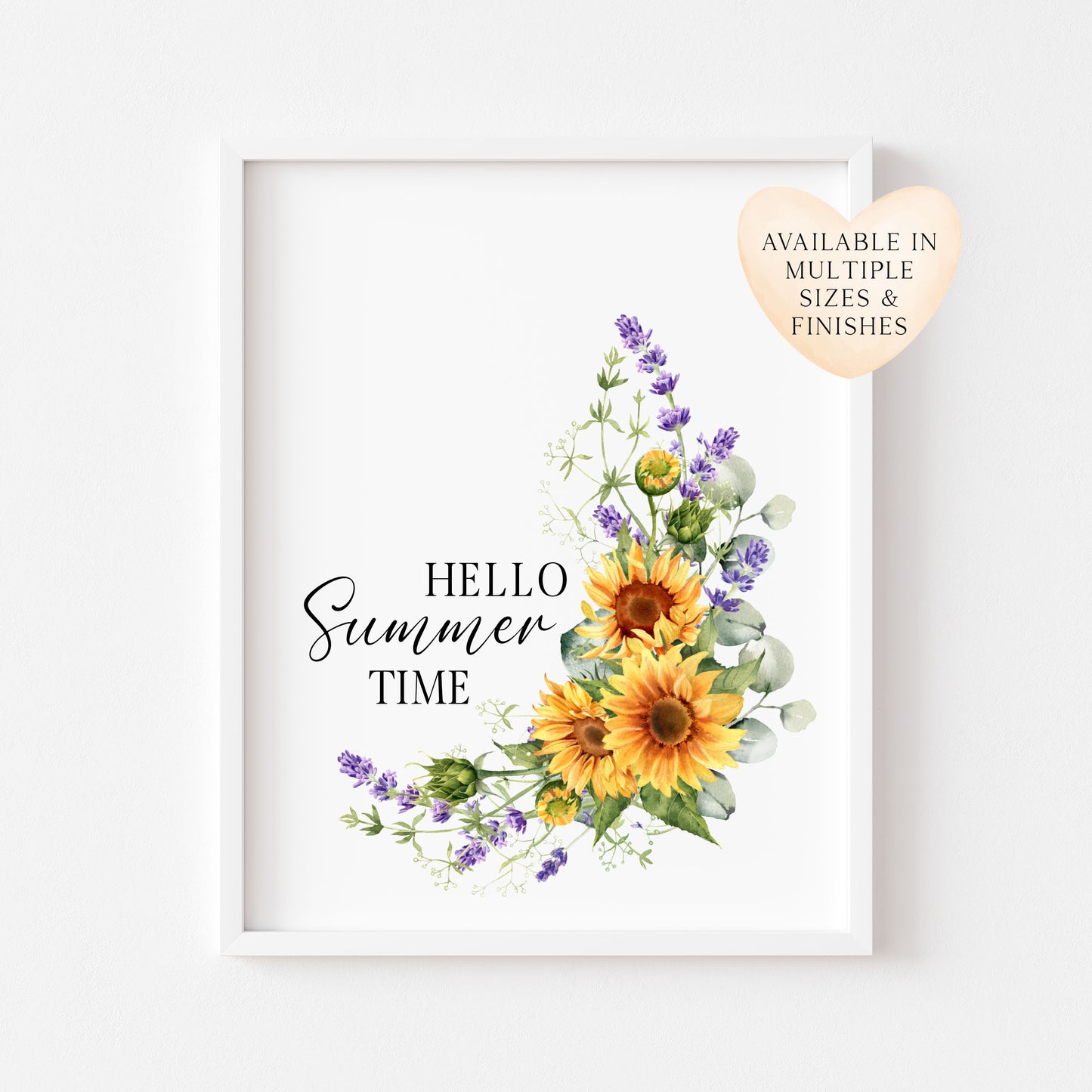 Sunflower Lavender Wreath Print Hello Summer time Wall Art (unframed)