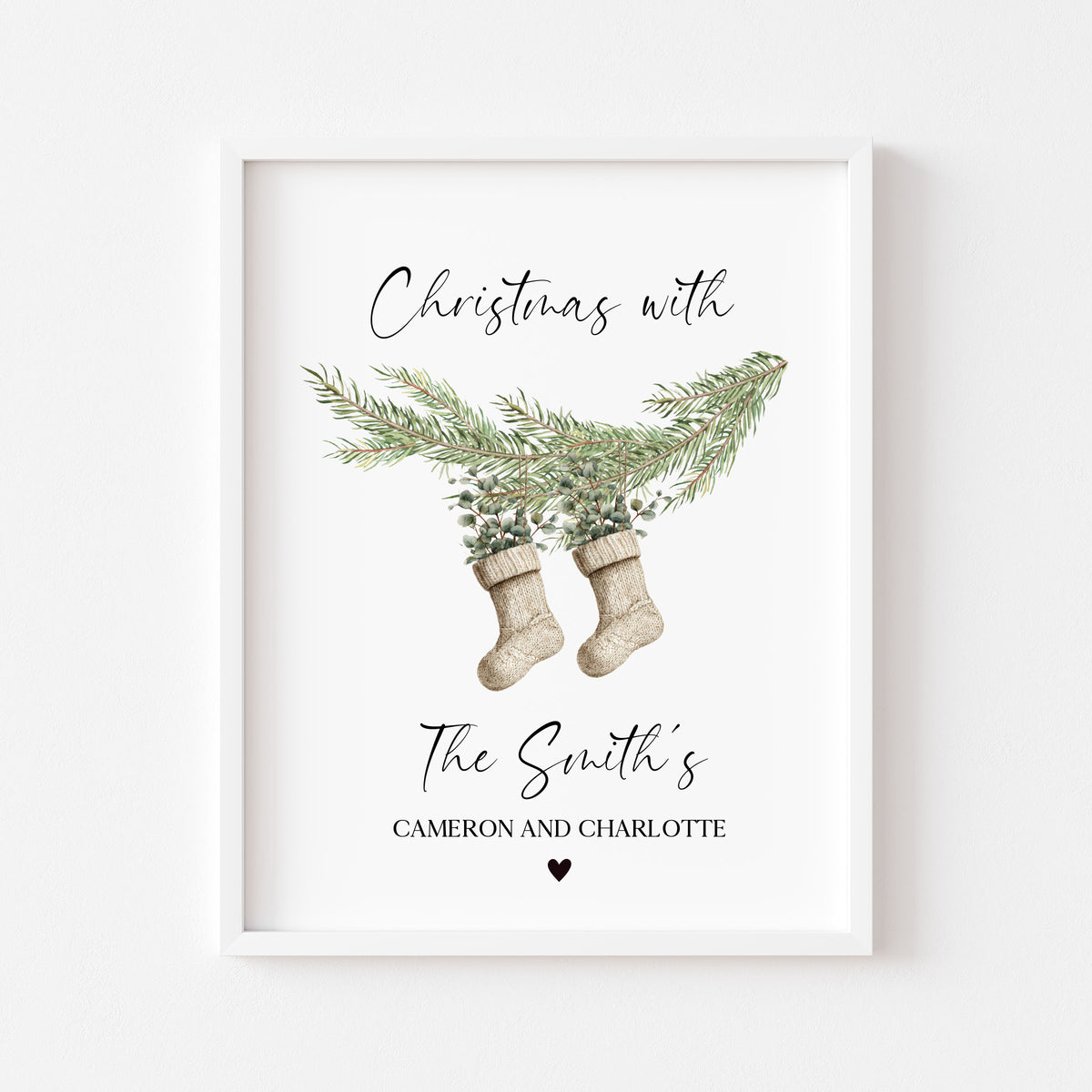 Personalised Christmas Family Name Print Stockings 2-5 Eucalyptus wreath seasonal Wall Art (unframed)