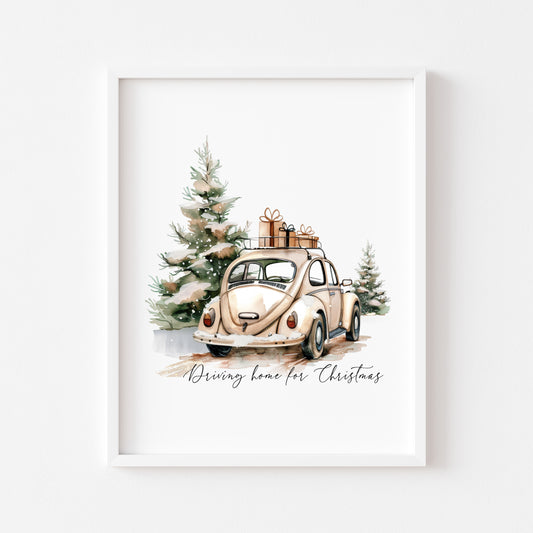 Christmas Car & Tree Art Driving home for Christmas Beige Winter Home Decor unframed wall art