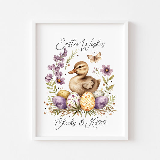Easter Chicks Floral Art Print, Spring Seasonal Illustration (unframed)