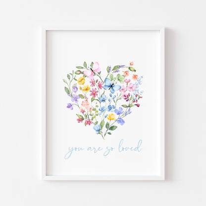 You are so loved blue purple pink watercolour wildflower heart unframed wall art poster print