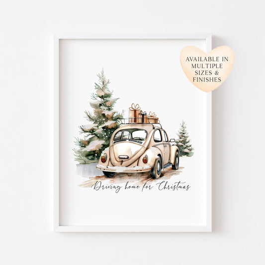 Christmas Car & Tree Art Driving home for Christmas Beige Winter Home Decor unframed wall art
