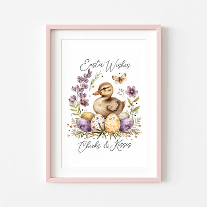 Easter Chicks Floral Art Print, Spring Seasonal Illustration (unframed)
