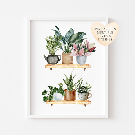 Plant shelfie funky cactus/plants watercolour illustration unframed wall art poster print