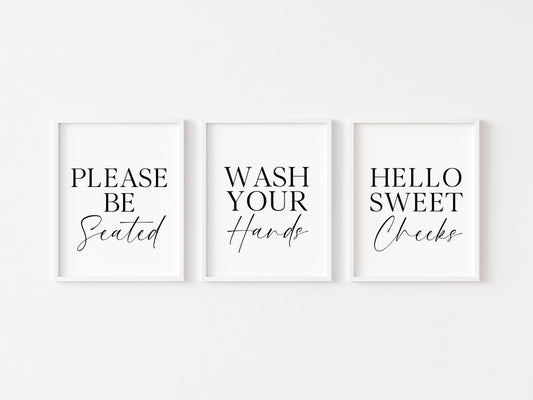 Set of 3 bathroom prints, Please be seated wash your hands hello sweet cheeks set of bathroom signs unframed wall art bathroom prints