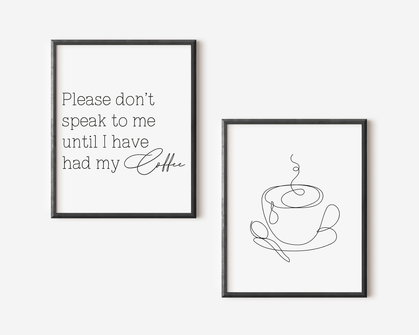 Set of 2 kitchen prints Please don't speak to me until I've had my coffee line drawing kitchen prints unframed wall art poster prints kitchen accessories kitchen art set