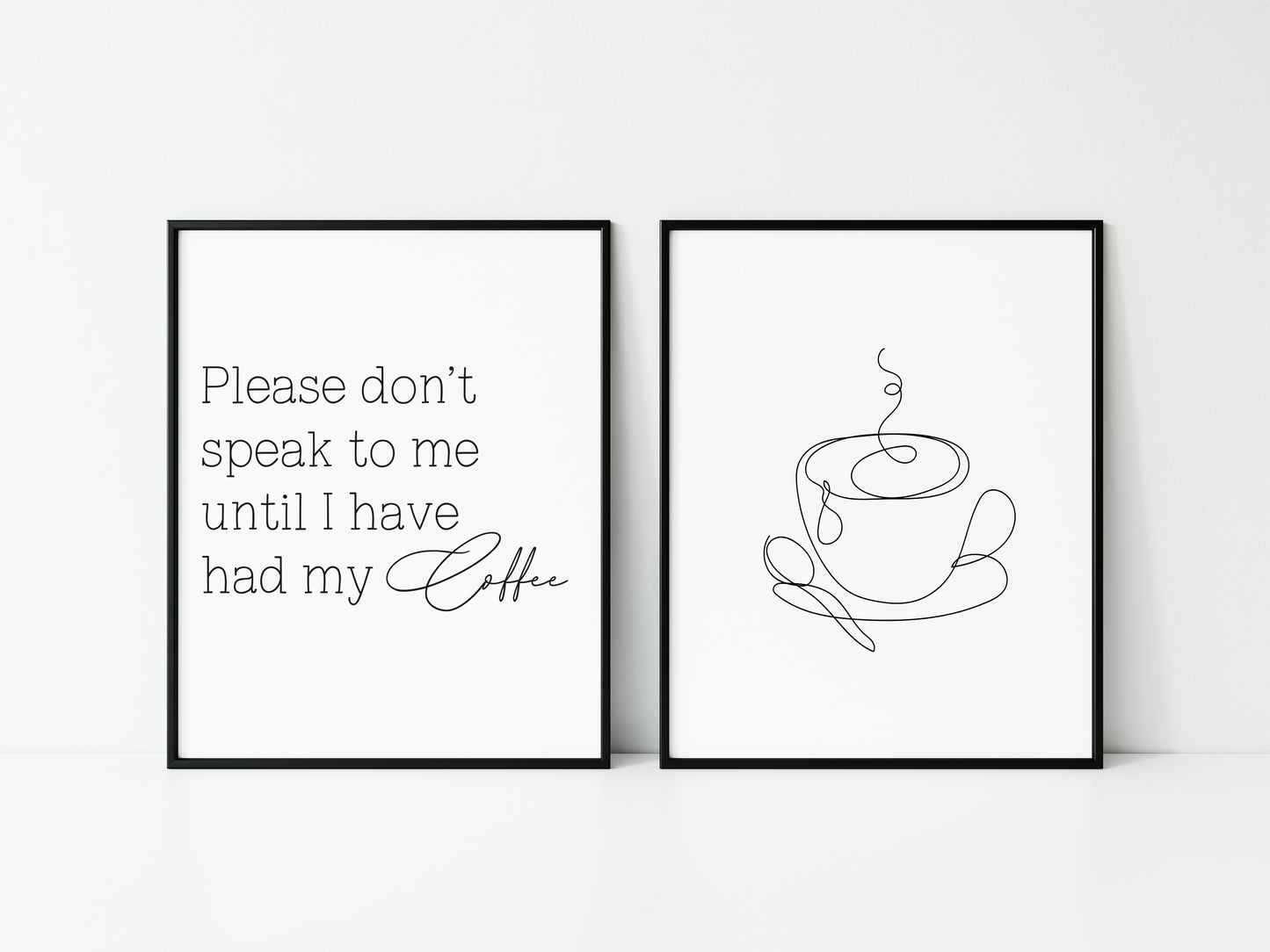 Set of 2 kitchen prints Please don't speak to me until I've had my coffee line drawing kitchen prints unframed wall art poster prints kitchen accessories kitchen art set