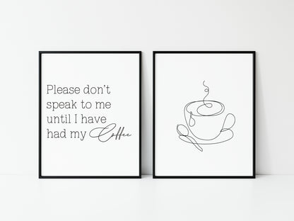 Set of 2 kitchen prints Please don't speak to me until I've had my coffee line drawing kitchen prints unframed wall art poster prints kitchen accessories kitchen art set