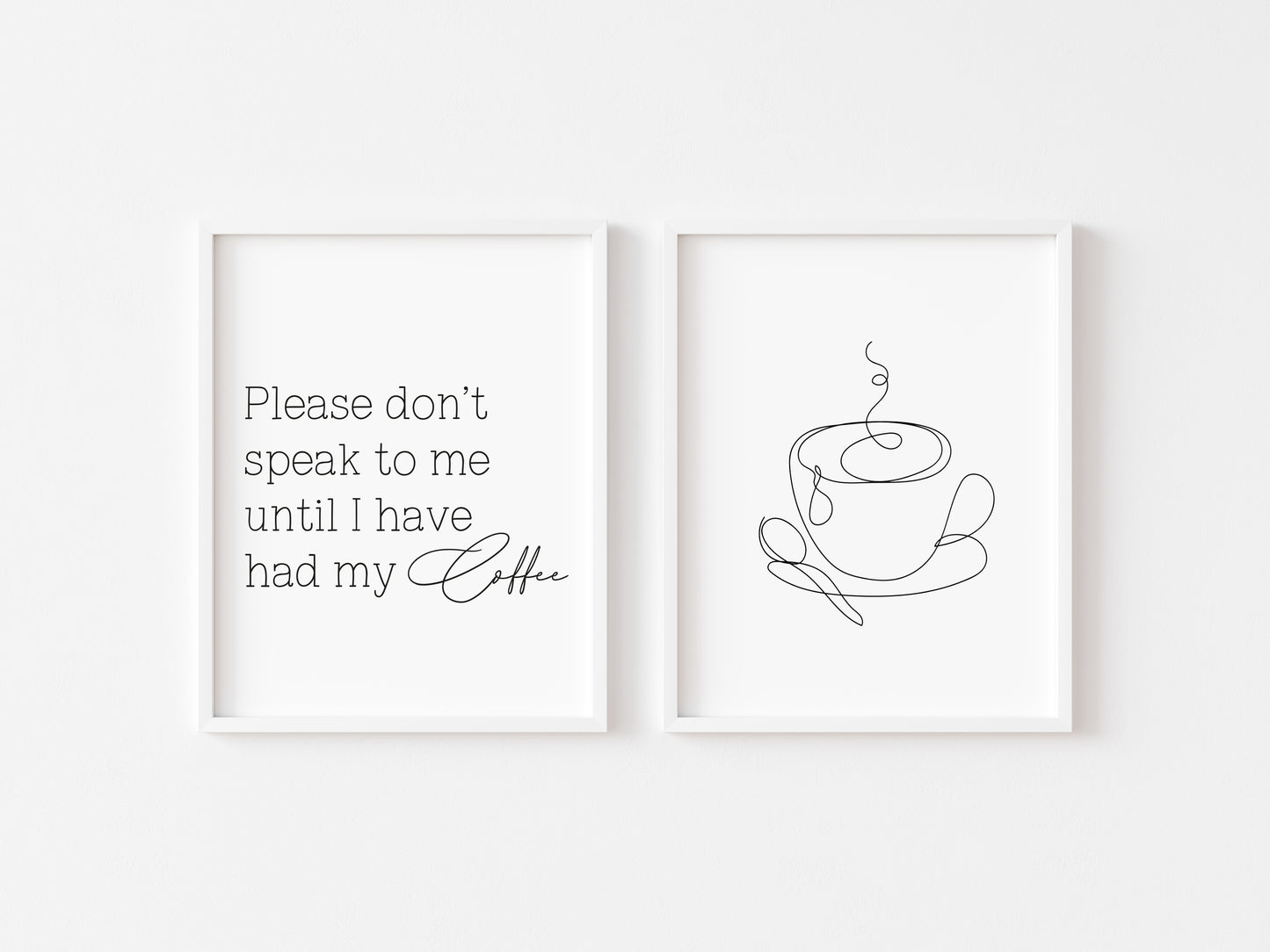 Set of 2 kitchen prints Please don't speak to me until I've had my coffee line drawing kitchen prints unframed wall art poster prints kitchen accessories kitchen art set
