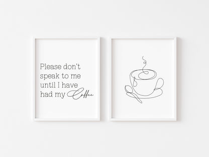 Set of 2 kitchen prints Please don't speak to me until I've had my coffee line drawing kitchen prints unframed wall art poster prints kitchen accessories kitchen art set