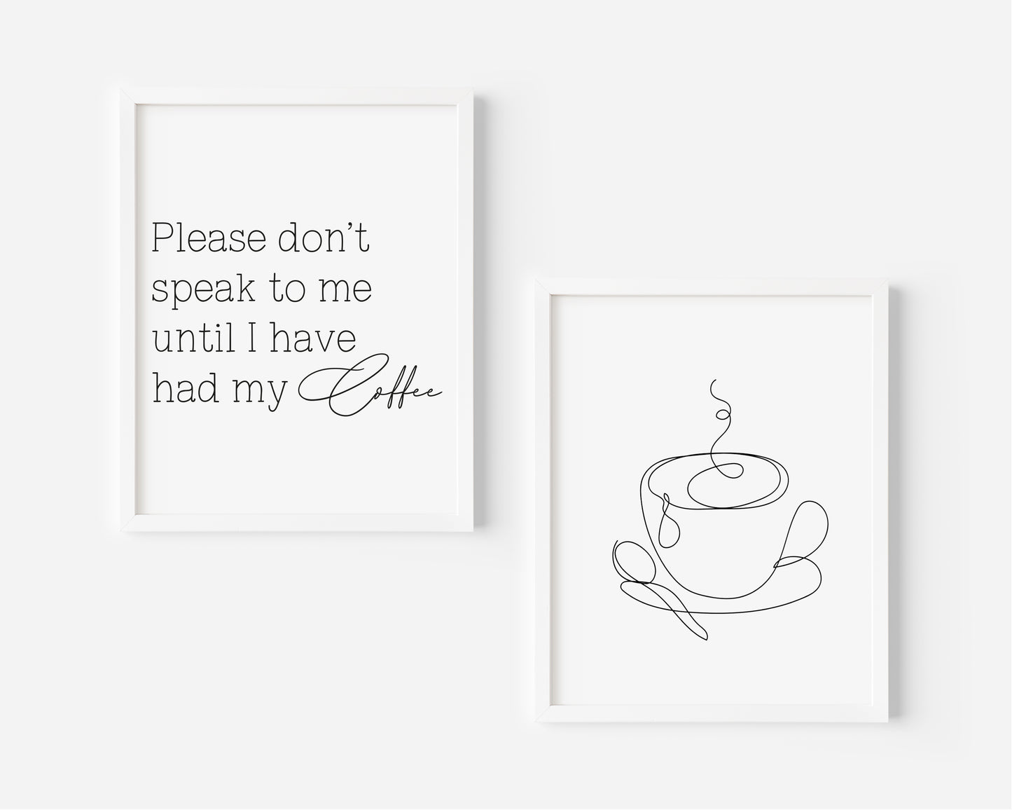 Set of 2 kitchen prints Please don't speak to me until I've had my coffee line drawing kitchen prints unframed wall art poster prints kitchen accessories kitchen art set