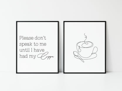 Set of 2 kitchen prints Please don't speak to me until I've had my cuppa line drawing kitchen prints unframed wall art poster prints kitchen accessories kitchen art set