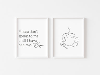 Set of 2 kitchen prints Please don't speak to me until I've had my cuppa line drawing kitchen prints unframed wall art poster prints kitchen accessories kitchen art set