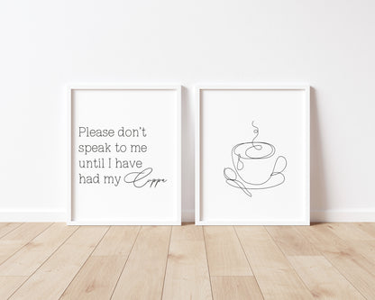 Set of 2 kitchen prints Please don't speak to me until I've had my cuppa line drawing kitchen prints unframed wall art poster prints kitchen accessories kitchen art set